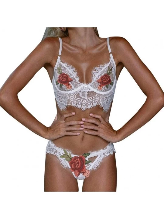 Bustiers & Corsets Sexy Lingerie Women Lace Bra Briefs G-String Underwear Embroidered Underwear - White - C319686SXWI $9.15