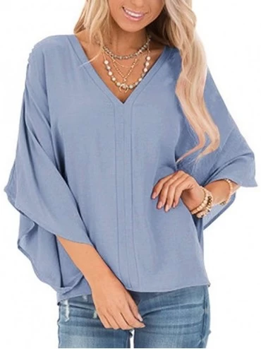 Baby Dolls & Chemises Women Blouse Tops Sexy Solid Deep V Neck Loose Long Sleeve T Shirts Blouse Top - Light Blue - CD18WUORN...