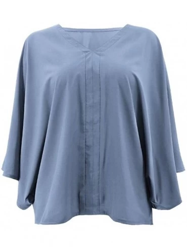 Baby Dolls & Chemises Women Blouse Tops Sexy Solid Deep V Neck Loose Long Sleeve T Shirts Blouse Top - Light Blue - CD18WUORN...