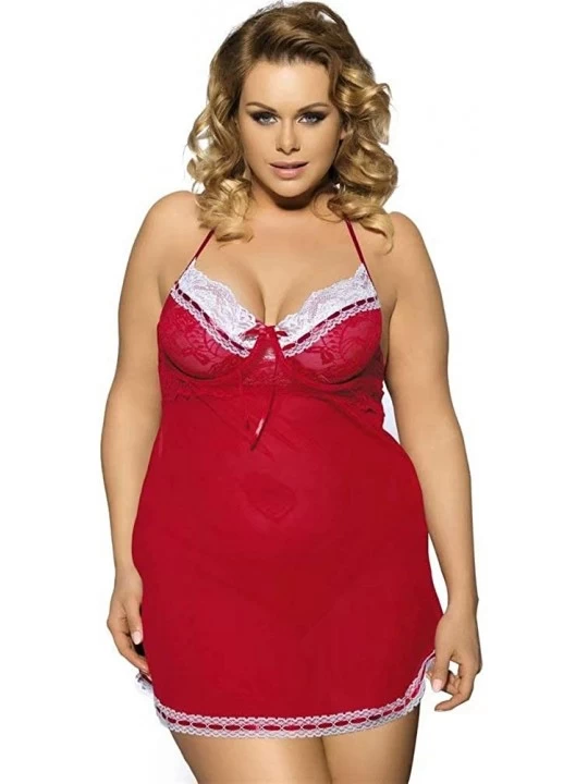 Baby Dolls & Chemises Lady Lace Lingerie Mesh Chemise V-Neck Babydoll Full Slip Nightdress - Red - CN18XAEE3X2 $21.20