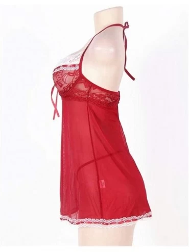 Baby Dolls & Chemises Lady Lace Lingerie Mesh Chemise V-Neck Babydoll Full Slip Nightdress - Red - CN18XAEE3X2 $21.20