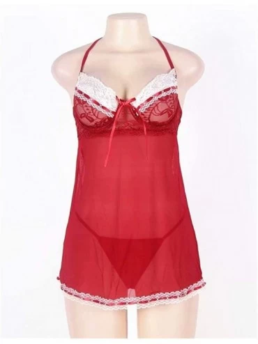 Baby Dolls & Chemises Lady Lace Lingerie Mesh Chemise V-Neck Babydoll Full Slip Nightdress - Red - CN18XAEE3X2 $21.20