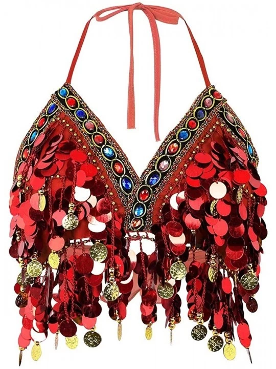 Camisoles & Tanks Women's Shiny Sequins Tassel Bra Halter Neck Belly Dance Salsa Boho Festival Tribal Crop Top - Red - CQ196R...