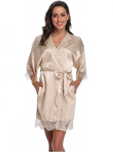 Robes Womens Satin Kimono Robes with Lace Sexy Lingerie Bath Robes Short Bridesmaids Nightwear with Pockets - Champagne - C41...