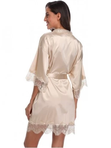 Robes Womens Satin Kimono Robes with Lace Sexy Lingerie Bath Robes Short Bridesmaids Nightwear with Pockets - Champagne - C41...