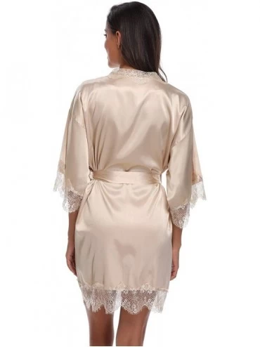 Robes Womens Satin Kimono Robes with Lace Sexy Lingerie Bath Robes Short Bridesmaids Nightwear with Pockets - Champagne - C41...