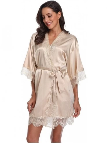 Robes Womens Satin Kimono Robes with Lace Sexy Lingerie Bath Robes Short Bridesmaids Nightwear with Pockets - Champagne - C41...