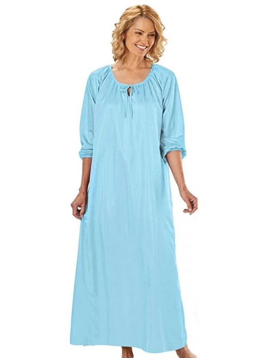 Nightgowns & Sleepshirts Women's Silky Night Gown - Long Sleeve Dress with Shirred Tie Neck - French Blue - CO18ZH9ZE74 $21.98