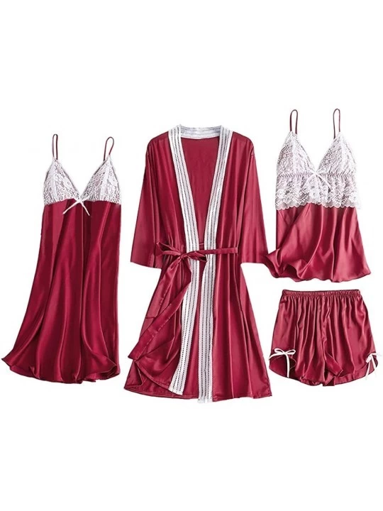 Robes Women Silky Robe Set Sexy Lace Kimono Bathrobe Camisole Shorts Nightdress Sleepwear - Red - CG193Z2AQTY $22.63