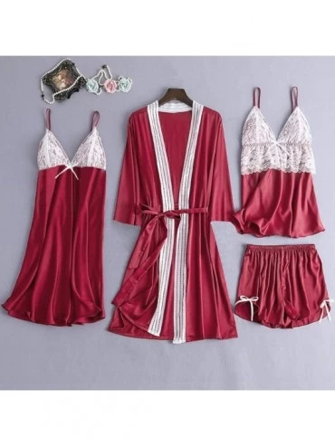 Robes Women Silky Robe Set Sexy Lace Kimono Bathrobe Camisole Shorts Nightdress Sleepwear - Red - CG193Z2AQTY $22.63