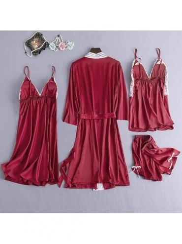 Robes Women Silky Robe Set Sexy Lace Kimono Bathrobe Camisole Shorts Nightdress Sleepwear - Red - CG193Z2AQTY $22.63