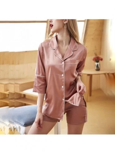 Sets Women's 2 PCs Pajama Set Boyfriend Silky 3/4 Sleeves Tops Shorts Pockets Loungewear - Pink - CU18Y94XCIE $36.79