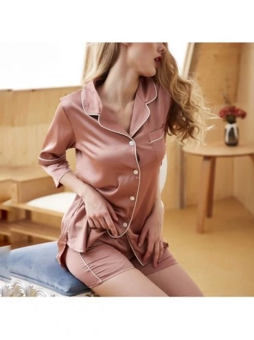 Sets Women's 2 PCs Pajama Set Boyfriend Silky 3/4 Sleeves Tops Shorts Pockets Loungewear - Pink - CU18Y94XCIE $36.79