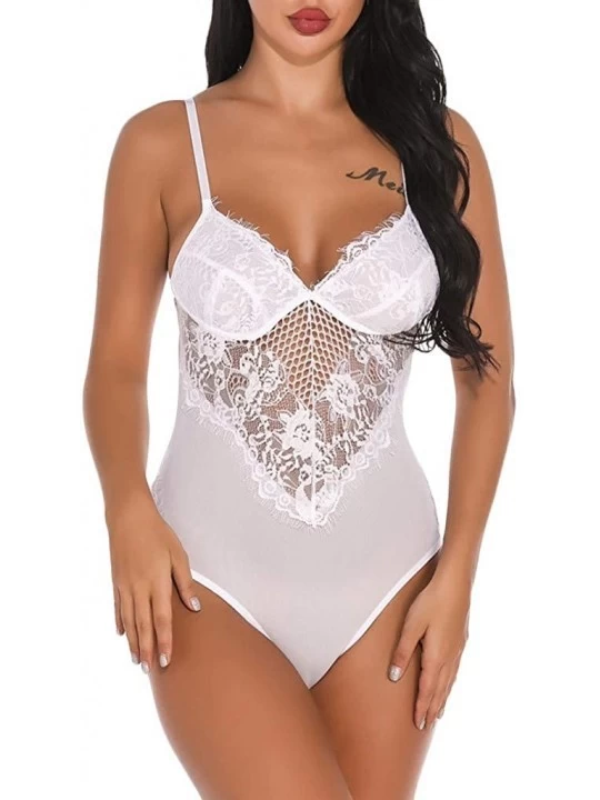 Baby Dolls & Chemises Lingerie-SaleðŸ’–New One Piece Women Mesh Lace V-Neck Teddy Lingerie Jumpsuit Underwear Sleepwear - Whi...