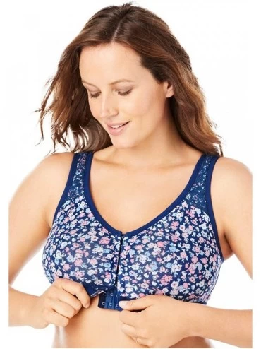 Bras Women's Plus Size Comfort Strap Front-Hook Wireless Lace-Trim Bra - Evening Blue Multi Ditsy (0502) - C2194RU4EAL $19.52