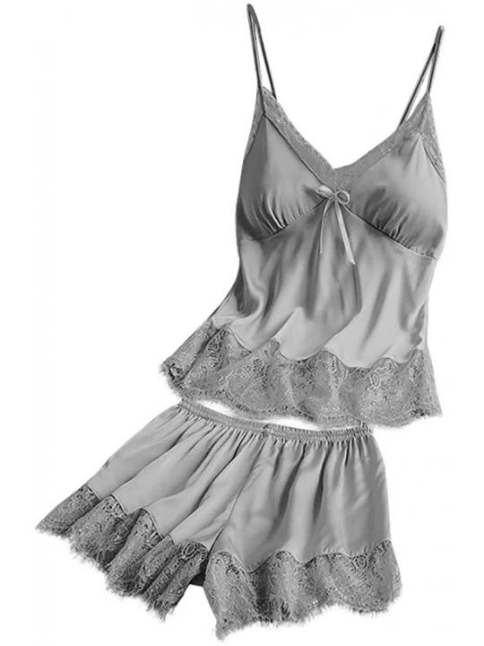 Sets 2020 Women V-Neck Eyelash Silk Lace Lingerie Sexy Stain Camisole Pajamas Bowknot Shorts Set - Gray - CU193YSNMUK $13.27