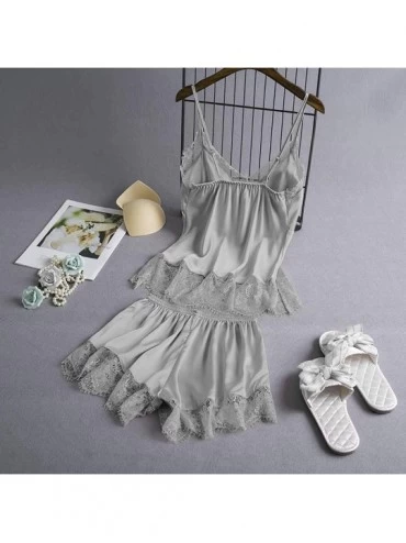 Sets 2020 Women V-Neck Eyelash Silk Lace Lingerie Sexy Stain Camisole Pajamas Bowknot Shorts Set - Gray - CU193YSNMUK $13.27