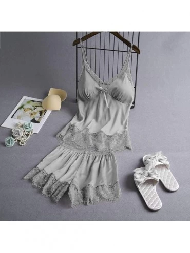 Sets 2020 Women V-Neck Eyelash Silk Lace Lingerie Sexy Stain Camisole Pajamas Bowknot Shorts Set - Gray - CU193YSNMUK $13.27