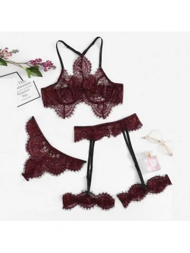 Sets Womens Sexy Exquisite Lace Lingerie Bra+Garter+Briefs Babydoll Cut Out Sleepwear Underpants Pajama Nightwear Wine Red - ...