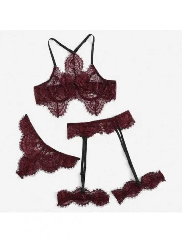 Sets Womens Sexy Exquisite Lace Lingerie Bra+Garter+Briefs Babydoll Cut Out Sleepwear Underpants Pajama Nightwear Wine Red - ...