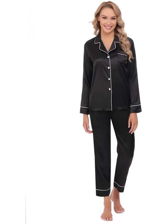 Sets Women's Satin Pajamas Sets Long Sleeve Button Down Top & Bottoms - Black - CG1904N5R9W $22.63