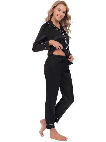 Sets Women's Satin Pajamas Sets Long Sleeve Button Down Top & Bottoms - Black - CG1904N5R9W $22.63