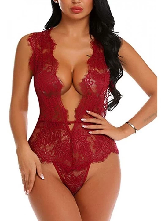 Baby Dolls & Chemises Women's Teddy Bodysuit Lingerie Sexy Mesh Bodysuit Sleepwear Deep V One Piece Babydoll Nightgows - Red ...