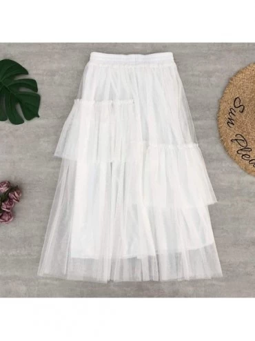 Slips Womens Tulle Skirt Mesh High-Waist Asymmetry Mid-Length Puff Flowy Petticoat Skirt Ball Gown - White - C3193XSKIGR $19.15