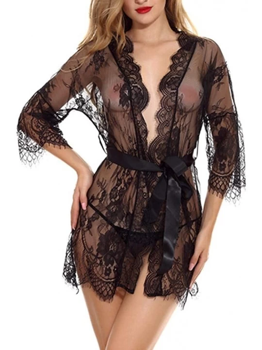 Nightgowns & Sleepshirts Women Babydoll Lingerie Eyelash Lace Chemise Nightwear Kimono Robe See Through Nightdress Set - Blac...