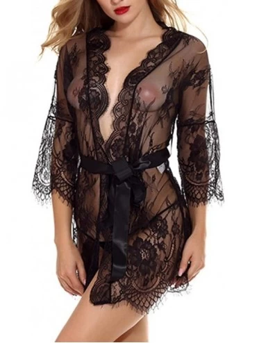 Nightgowns & Sleepshirts Women Babydoll Lingerie Eyelash Lace Chemise Nightwear Kimono Robe See Through Nightdress Set - Blac...