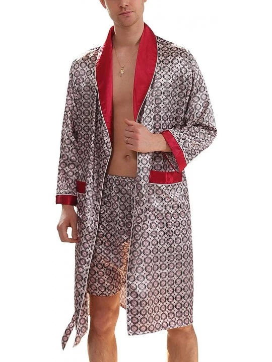 Robes Men's Satin Pajama Set Silk Bathrobe Shorts Long Sleeves Pockets Soft Kimono Robe Set - Red - CN18MCUGI7G $33.38