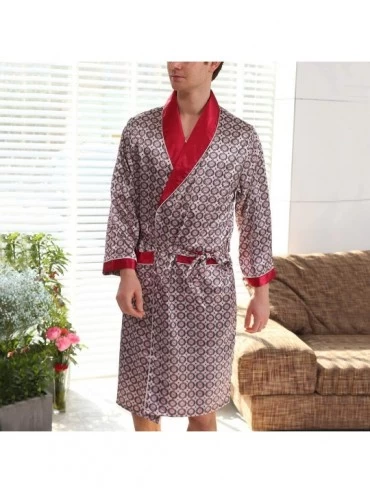 Robes Men's Satin Pajama Set Silk Bathrobe Shorts Long Sleeves Pockets Soft Kimono Robe Set - Red - CN18MCUGI7G $33.38