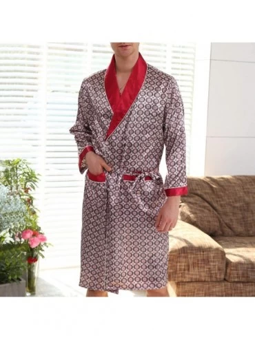 Robes Men's Satin Pajama Set Silk Bathrobe Shorts Long Sleeves Pockets Soft Kimono Robe Set - Red - CN18MCUGI7G $33.38