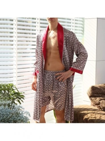 Robes Men's Satin Pajama Set Silk Bathrobe Shorts Long Sleeves Pockets Soft Kimono Robe Set - Red - CN18MCUGI7G $33.38