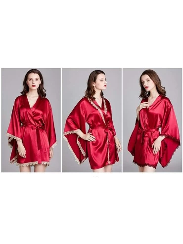 Robes Women Kimono Bride Robes lace Wide Sleeve Sleepdress Sleepwear Satin Nightwear Bathrobe Gown - B - CV1960Z0062 $32.10