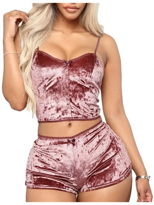 Sets Women Sexy Velvet 2 Piece Outfit Spaghetti Strap Sleeveless Crop Top+ Shorts Set - 1-pink - CA193Y0KIW8 $21.52