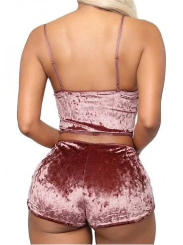 Sets Women Sexy Velvet 2 Piece Outfit Spaghetti Strap Sleeveless Crop Top+ Shorts Set - 1-pink - CA193Y0KIW8 $21.52