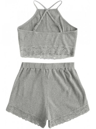 Sets Women's Ribbed Knit Pajamas Sets Lace Halter Cami Crop Tops and Shorts - Grey - CQ194CAAYTE $19.99