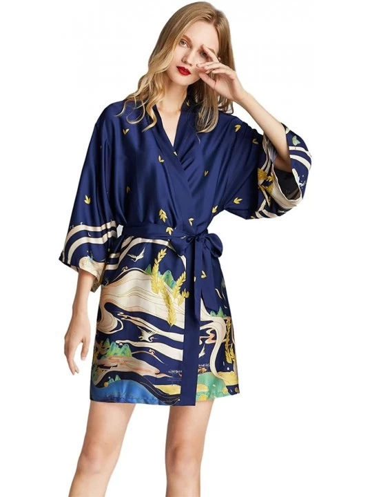 Robes Women's Bathrobes Short Satin Lace Kimono Robes Bridesmaid Sleepwear - 16 Navy - CZ197HOG30C $20.55