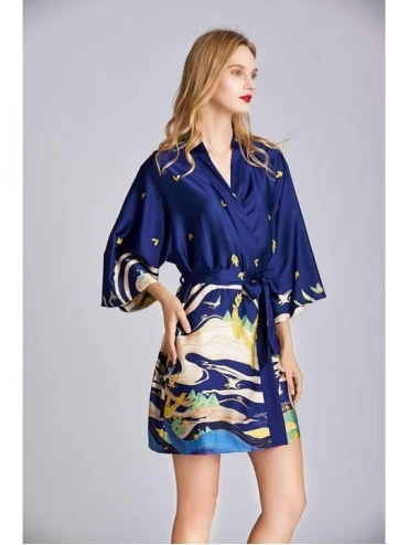 Robes Women's Bathrobes Short Satin Lace Kimono Robes Bridesmaid Sleepwear - 16 Navy - CZ197HOG30C $20.55