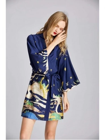 Robes Women's Bathrobes Short Satin Lace Kimono Robes Bridesmaid Sleepwear - 16 Navy - CZ197HOG30C $20.55