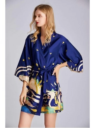 Robes Women's Bathrobes Short Satin Lace Kimono Robes Bridesmaid Sleepwear - 16 Navy - CZ197HOG30C $20.55