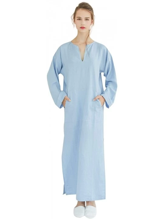 Nightgowns & Sleepshirts Women's Linen Robe Casual Kaftan Cotton Thobe V Neck Long Gown Side with Pockets Caftan - Light Blue...