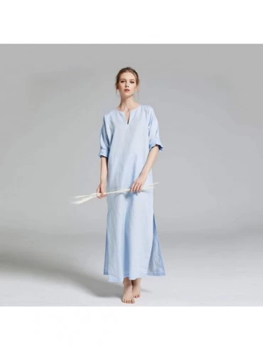 Nightgowns & Sleepshirts Women's Linen Robe Casual Kaftan Cotton Thobe V Neck Long Gown Side with Pockets Caftan - Light Blue...