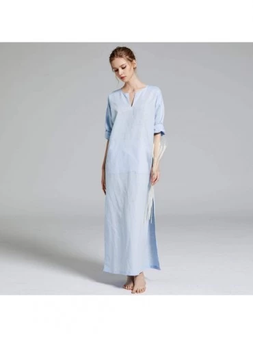 Nightgowns & Sleepshirts Women's Linen Robe Casual Kaftan Cotton Thobe V Neck Long Gown Side with Pockets Caftan - Light Blue...