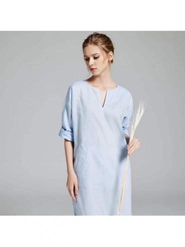 Nightgowns & Sleepshirts Women's Linen Robe Casual Kaftan Cotton Thobe V Neck Long Gown Side with Pockets Caftan - Light Blue...