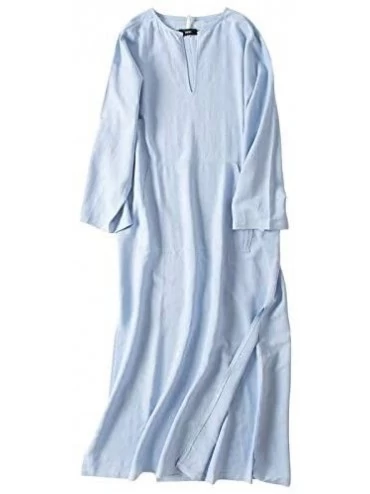 Nightgowns & Sleepshirts Women's Linen Robe Casual Kaftan Cotton Thobe V Neck Long Gown Side with Pockets Caftan - Light Blue...