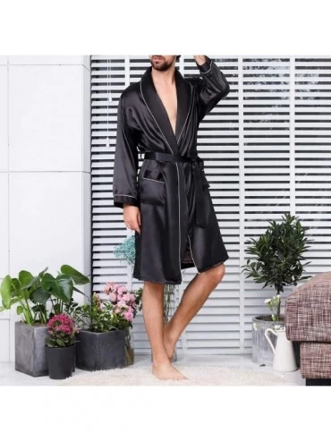 Robes Men's Summer Luxurious Printed Pajamas Long-Sleeve Thin Nightgown Soft Satin Bathrobe - Black and White - C218YS6AQZI $...