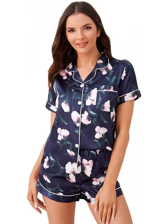 Sets Women's Notch Collar Palm Leaf Print Sleepwear Two Piece Pajama Set - Blue Floral - C21979LIC4L $18.78