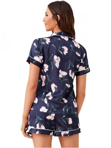 Sets Women's Notch Collar Palm Leaf Print Sleepwear Two Piece Pajama Set - Blue Floral - C21979LIC4L $18.78